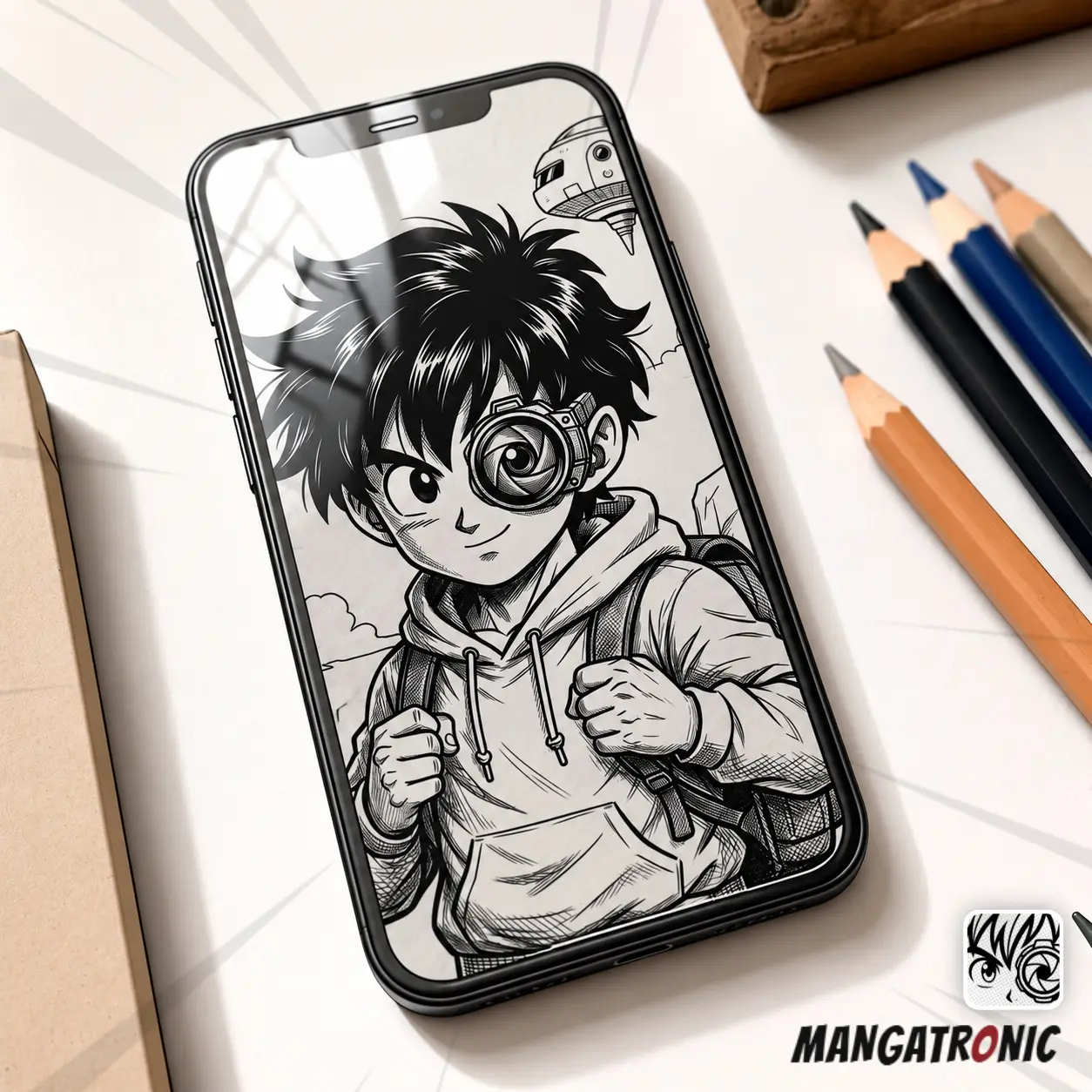 Manga character aiming a camera.